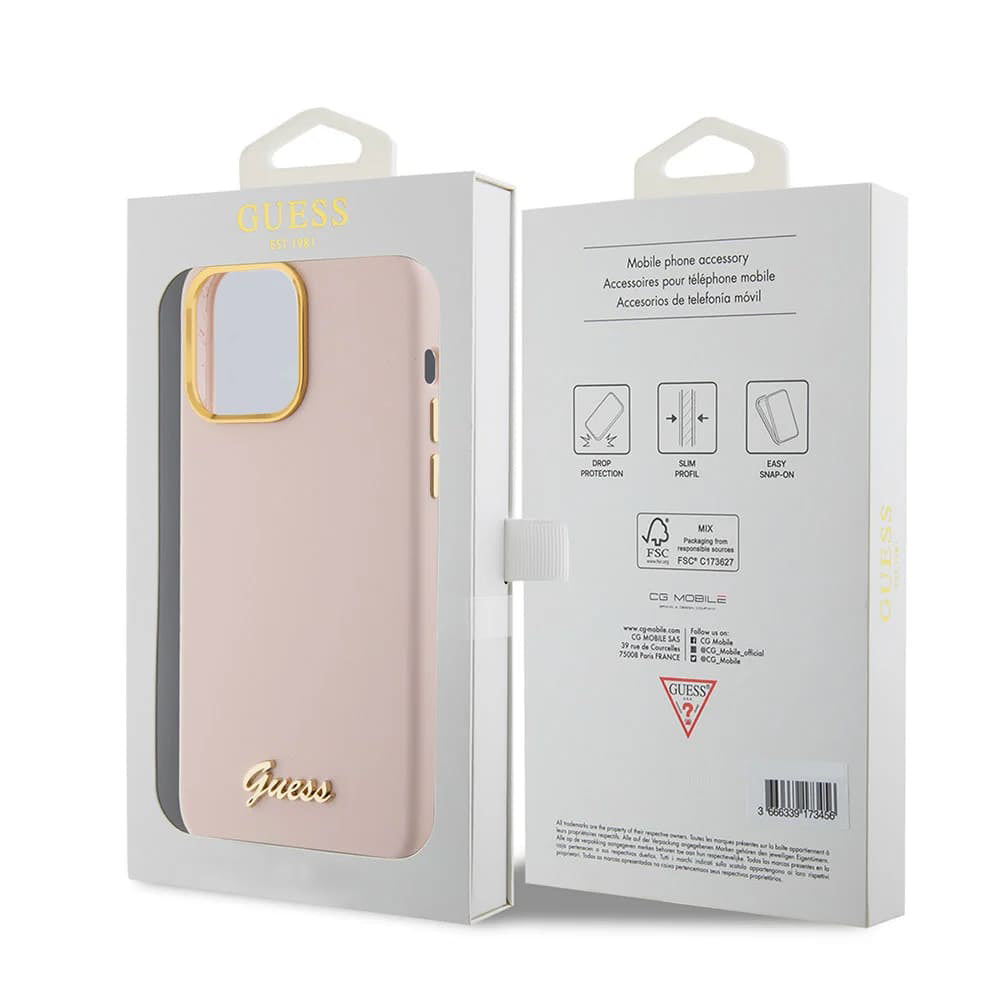 Futrola za Apple iPhone 15 Pro, Guess, Script Metal Logo & Frame, Svetlo Roze