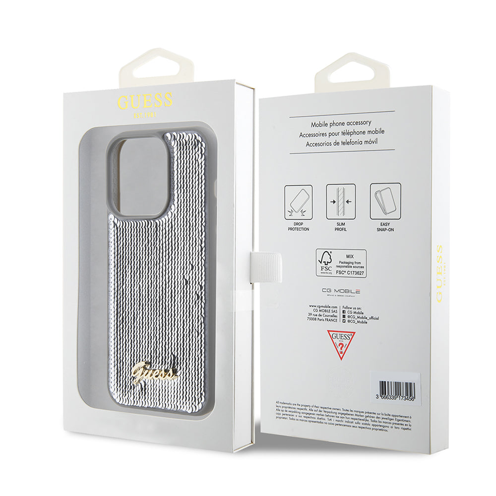 Futrola za Apple iPhone 15 Pro, Guess, Sequin Script Metal, Srebrna