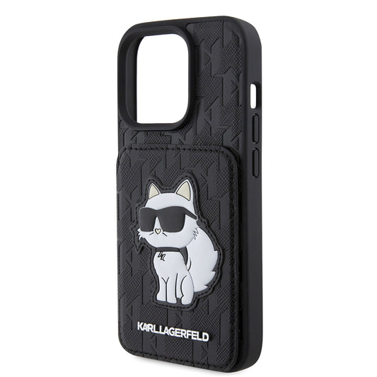 Futrola za Apple iPhone 15 Pro, Karl Lagerfeld, Saffiano Cardslots and Stand Monogram Choupette, Crna