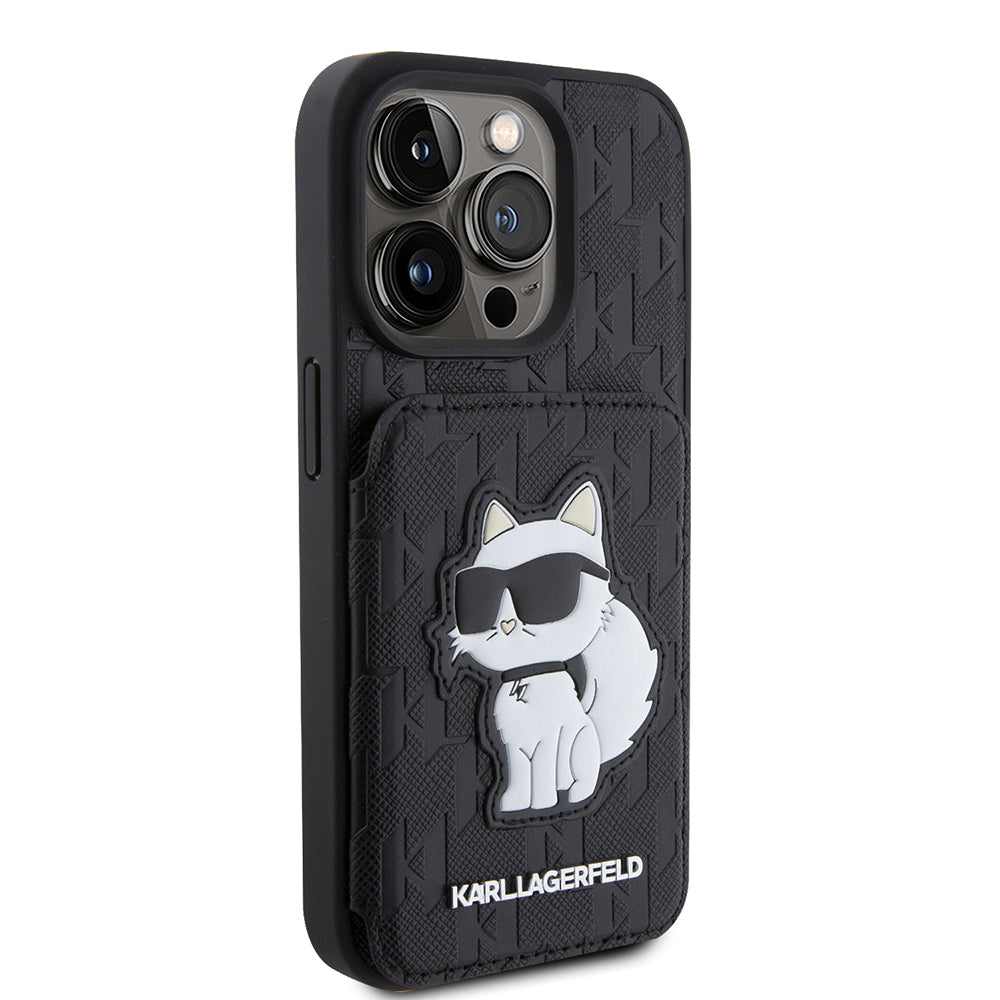 Futrola za Apple iPhone 15 Pro, Karl Lagerfeld, Saffiano Cardslots and Stand Monogram Choupette, Crna
