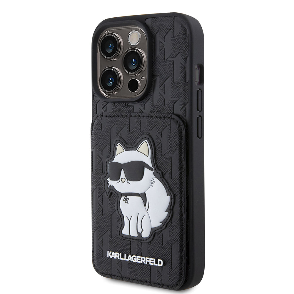 Futrola za Apple iPhone 15 Pro, Karl Lagerfeld, Saffiano Cardslots and Stand Monogram Choupette, Crna