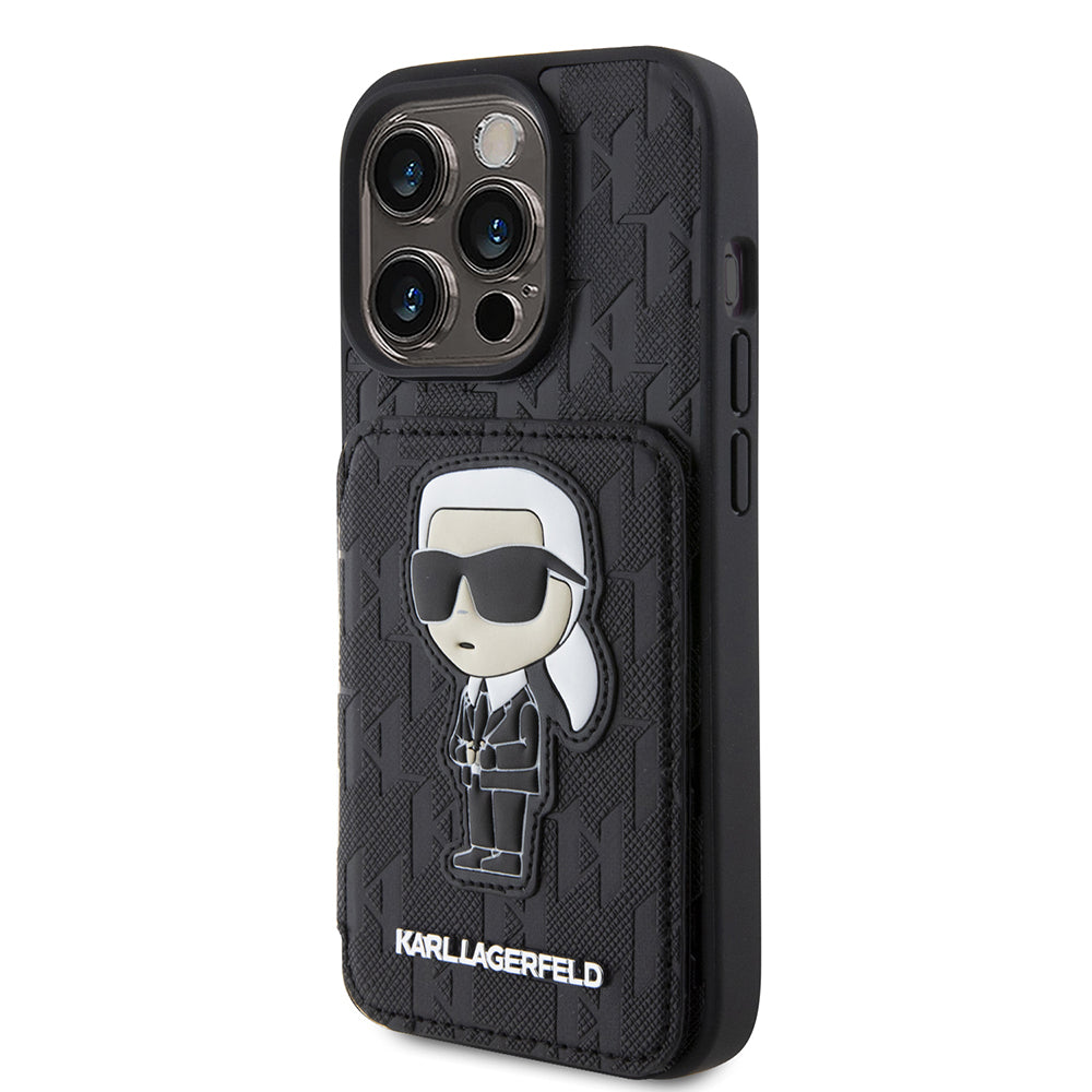 Futrola za Apple iPhone 15 Pro, Karl Lagerfeld, Saffiano Cardslots and Stand Monogram Ikonik Karl, Crna
