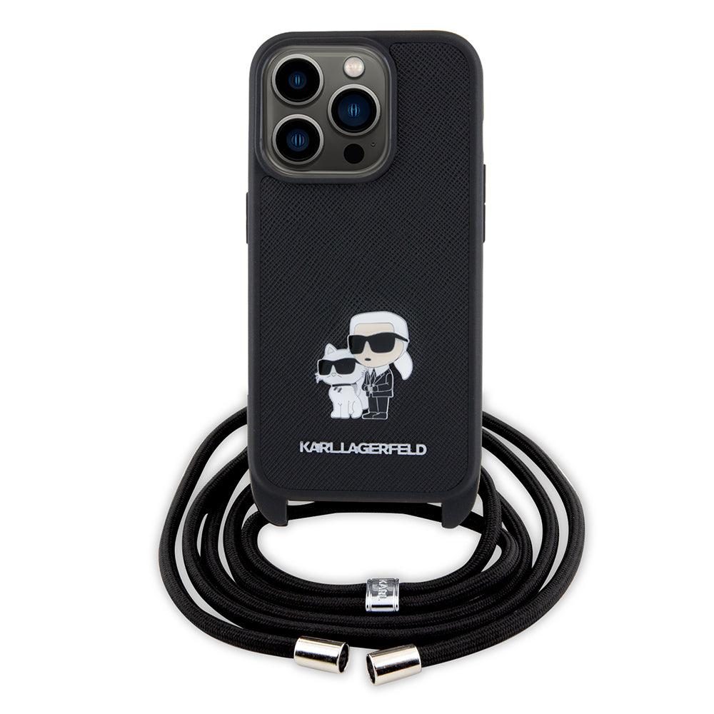 Futrola za Apple iPhone 15 Pro, Karl Lagerfeld, Saffiano Crossbody Metal Pin Karl & Choupette, Crna