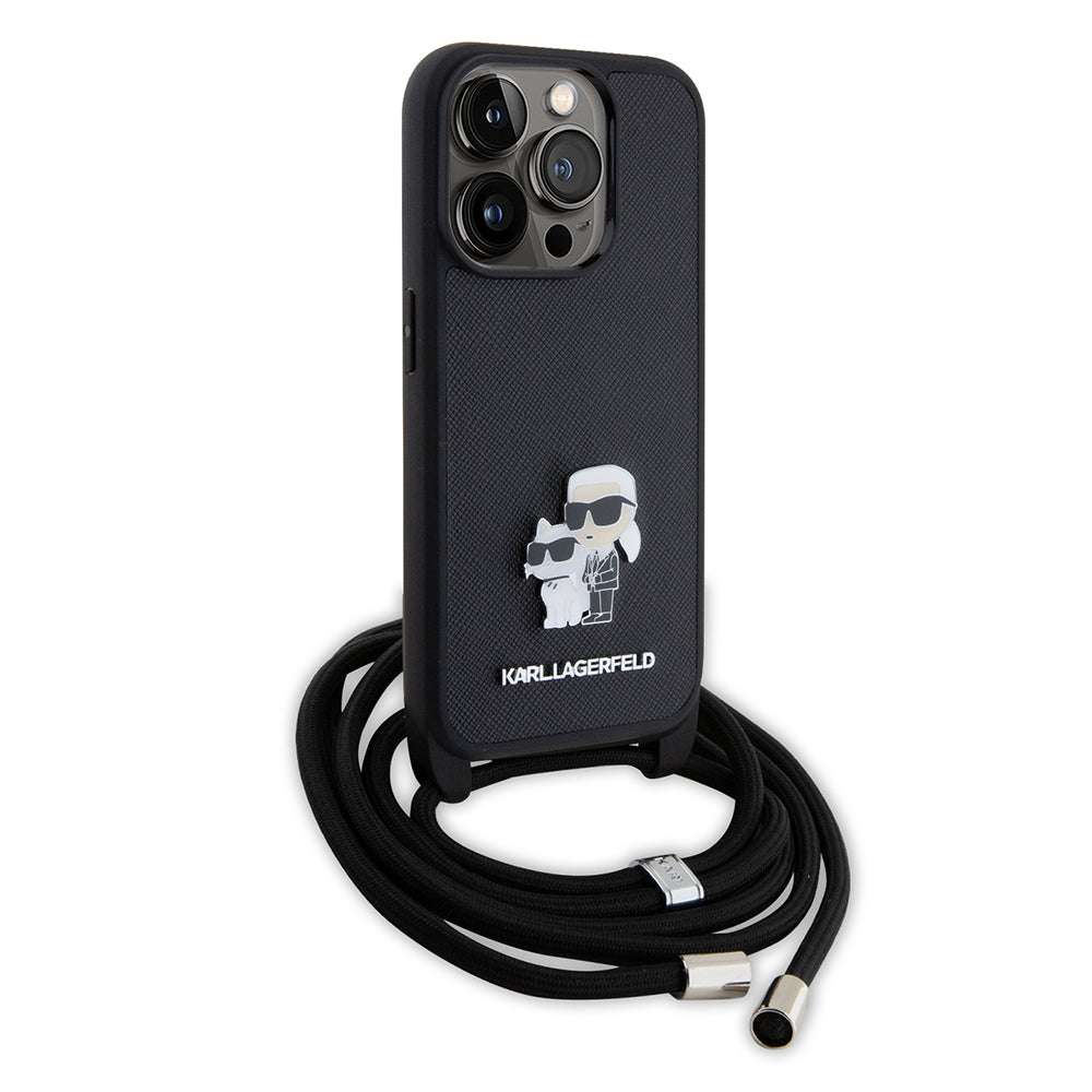 Futrola za Apple iPhone 15 Pro, Karl Lagerfeld, Saffiano Crossbody Metal Pin Karl & Choupette, Crna