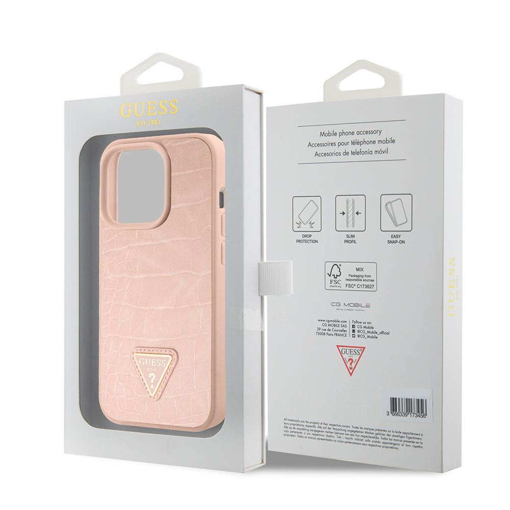 Futrola za Apple iPhone 15 Pro Max, Guess, Croco Triangle Metal Logo, Roze