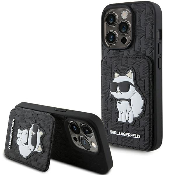 Futrola za Apple iPhone 15 Pro Max, Karl Lagerfeld, Saffiano Cardslots and Stand Monogram Choupette, Crna