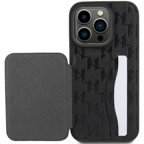 Futrola za Apple iPhone 15 Pro Max, Karl Lagerfeld, Saffiano Cardslots and Stand Monogram Choupette, Crna