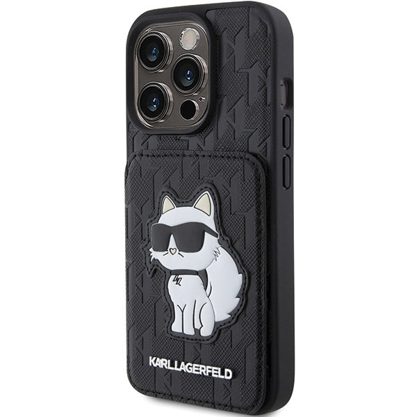 Futrola za Apple iPhone 15 Pro Max, Karl Lagerfeld, Saffiano Cardslots and Stand Monogram Choupette, Crna