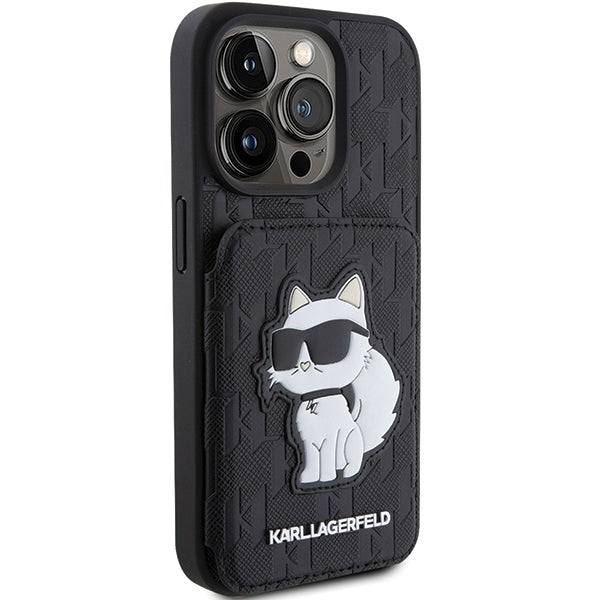 Futrola za Apple iPhone 15 Pro Max, Karl Lagerfeld, Saffiano Cardslots and Stand Monogram Choupette, Crna