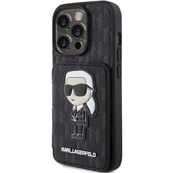 Futrola za Apple iPhone 15 Pro Max, Karl Lagerfeld, Saffiano Cardslots and Stand Monogram Ikonik Karl, Crna