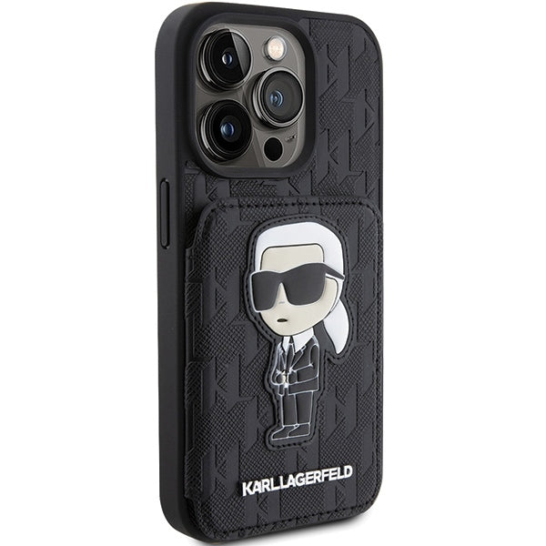 Futrola za Apple iPhone 15 Pro Max, Karl Lagerfeld, Saffiano Cardslots and Stand Monogram Ikonik Karl, Crna