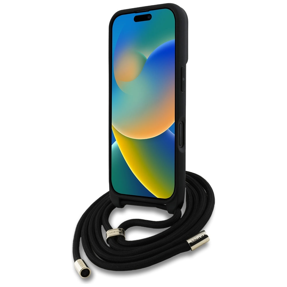Futrola za Apple iPhone 16, Guess, 4G CBDY Big Logo with Cord Strap, Crna