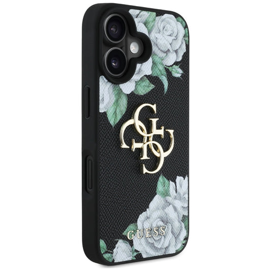 Futrola za Apple iPhone 16, Guess, 4G Grained Roses Big Logo, Crna