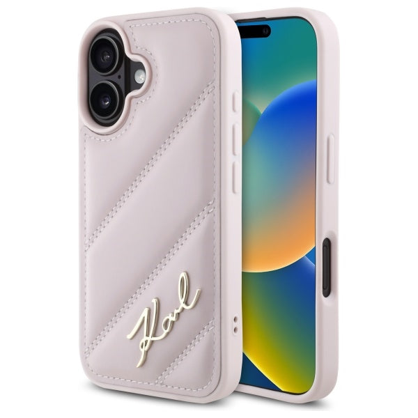 Futrola za Apple iPhone 16, Karl Lagerfeld, Diagonal Quilted Script, Roze