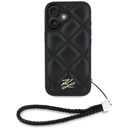 Futrola za Apple iPhone 16, Karl Lagerfeld, Quilted Initial Logo & Chain Strap, Crna