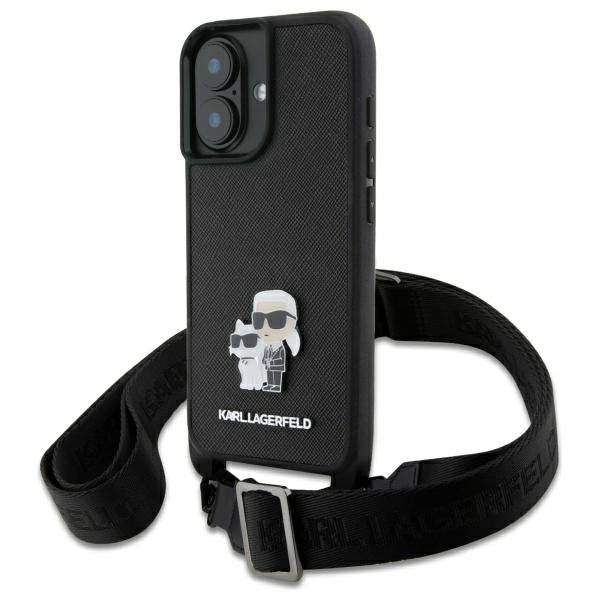 Futrola za Apple iPhone 16, Karl Lagerfeld, Saffiano Crossbody Metal Pin Karl & Choupette, Bela