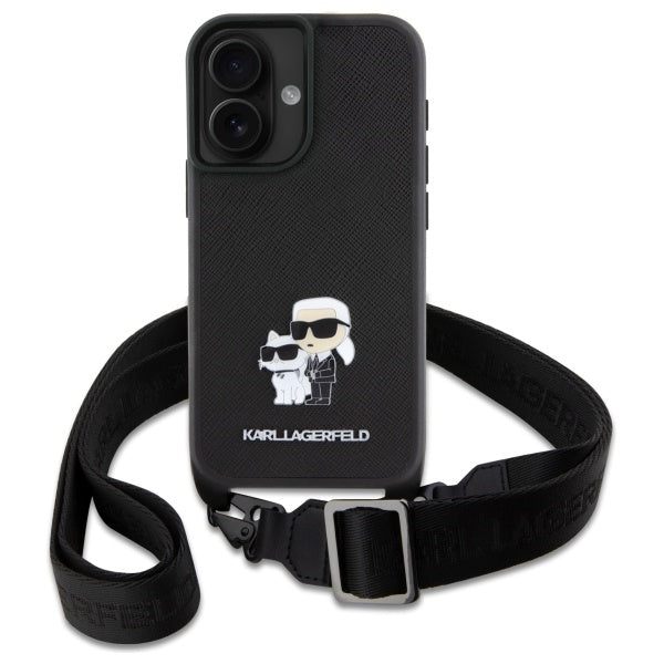 Futrola za Apple iPhone 16, Karl Lagerfeld, Saffiano Crossbody Metal Pin Karl & Choupette, Bela