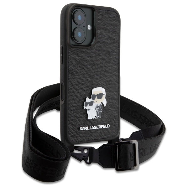 Futrola za Apple iPhone 16, Karl Lagerfeld, Saffiano Crossbody Metal Pin Karl & Choupette, Bela