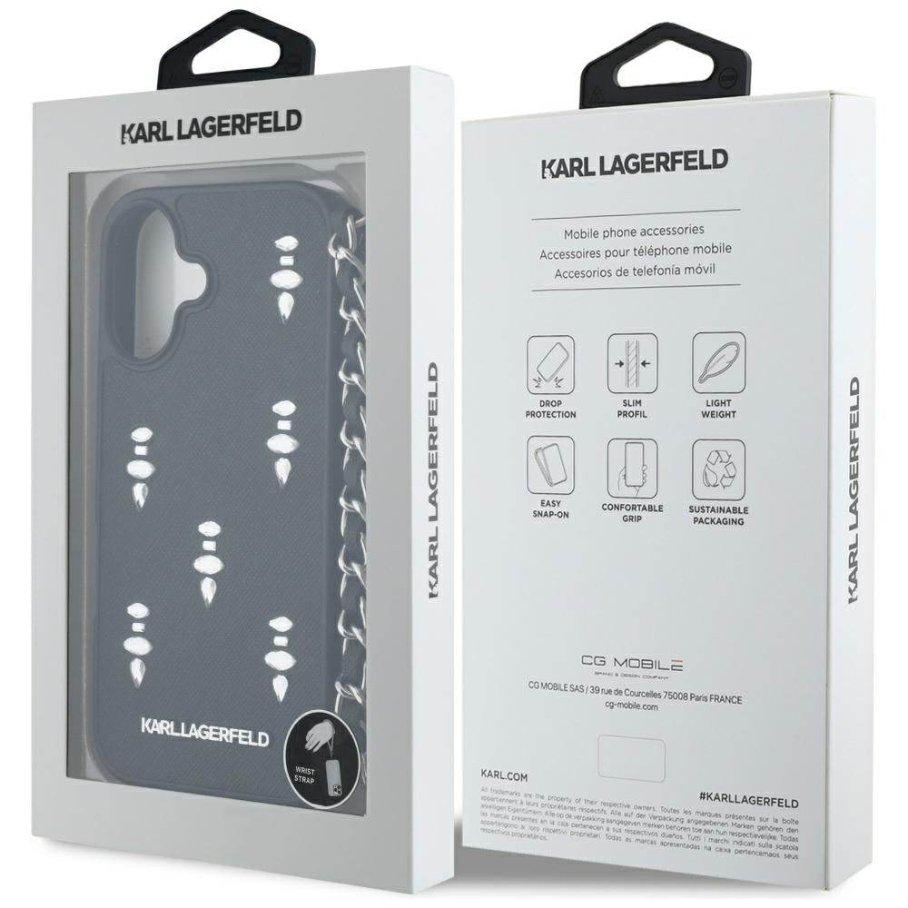Futrola za Apple iPhone 16, Karl Lagerfeld, Saffiano Crystals & Charm, Crna