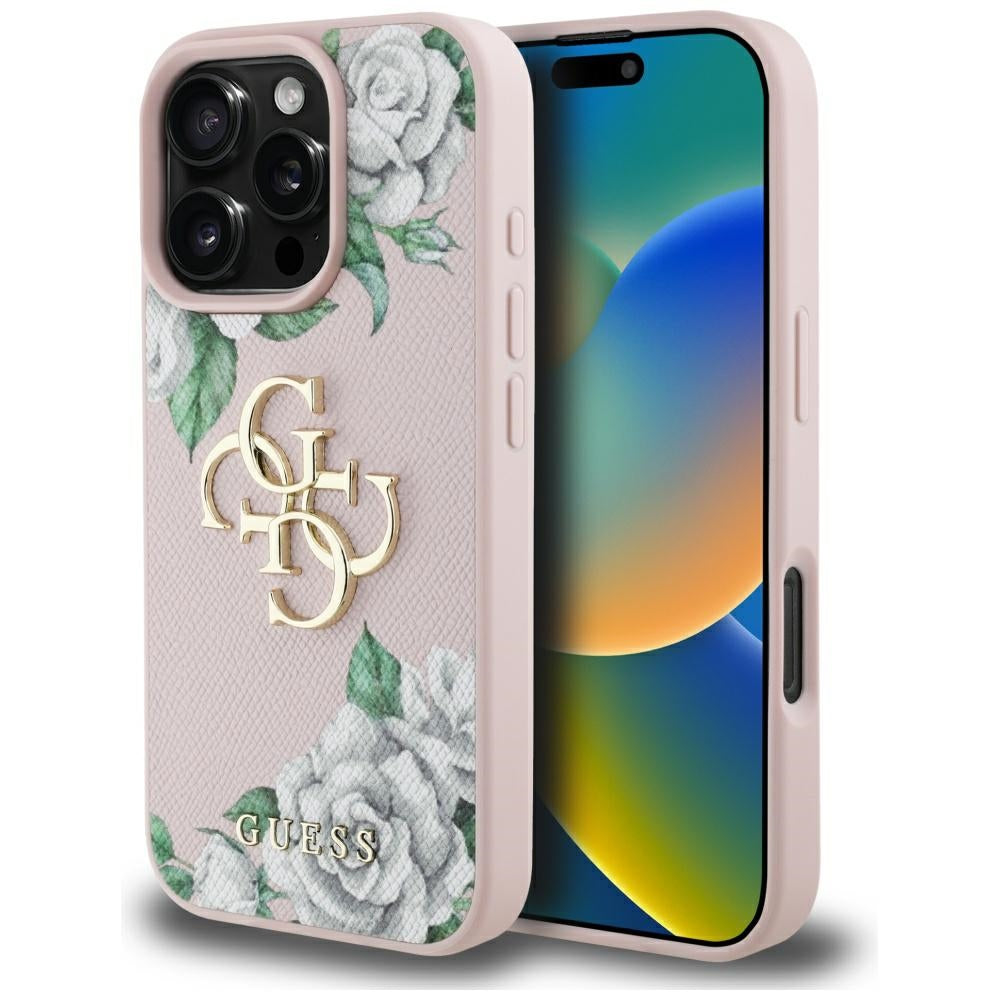 Futrola za Apple iPhone 16 Pro, Guess, 4G Grained Roses Big Logo, Roze
