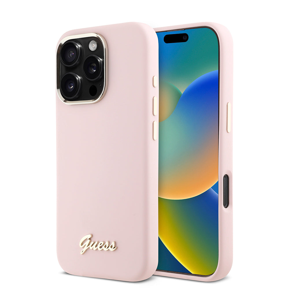 Futrola za Apple iPhone 16 Pro, Guess, Script Metal Logo & Frame, Roze