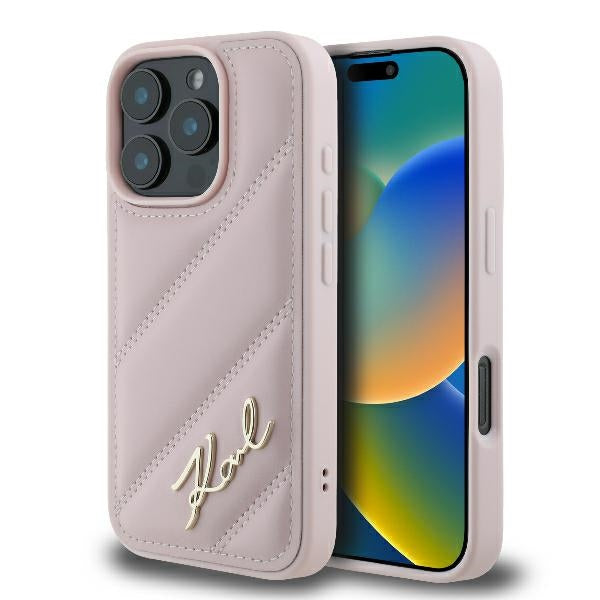 Futrola za Apple iPhone 16 Pro, Karl Lagerfeld, Diagonal Quilted Script, Roze