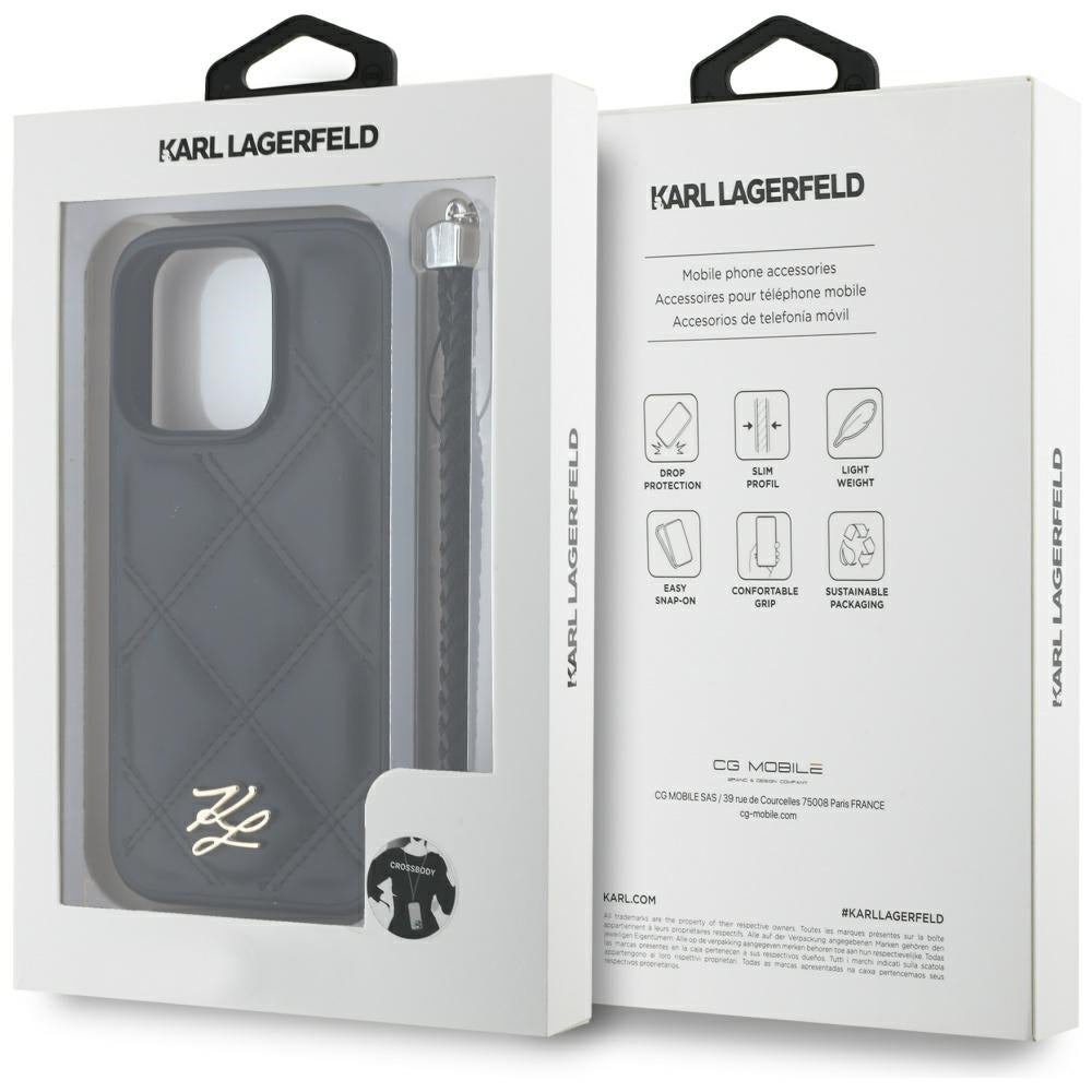 Futrola za Apple iPhone 16 Pro, Karl Lagerfeld, Quilted Initial Logo & Chain Strap, Crna