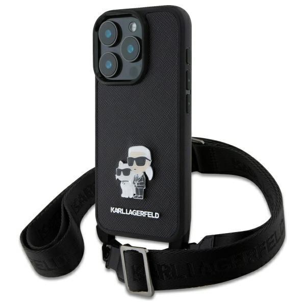 Futrola za Apple iPhone 16 Pro, Karl Lagerfeld, Saffiano Crossbody Metal Pin Karl & Choupette, Crna