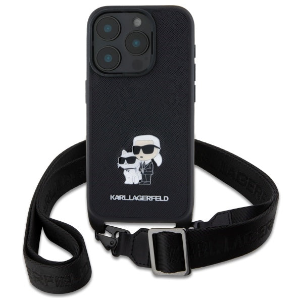 Futrola za Apple iPhone 16 Pro, Karl Lagerfeld, Saffiano Crossbody Metal Pin Karl & Choupette, Crna