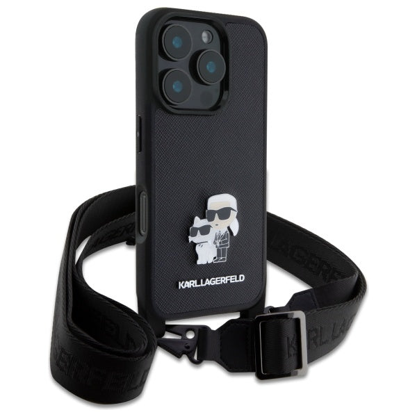 Futrola za Apple iPhone 16 Pro, Karl Lagerfeld, Saffiano Crossbody Metal Pin Karl & Choupette, Crna