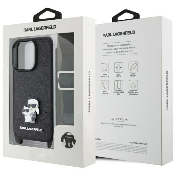 Futrola za Apple iPhone 16 Pro, Karl Lagerfeld, Saffiano Crossbody Metal Pin Karl & Choupette, Crna
