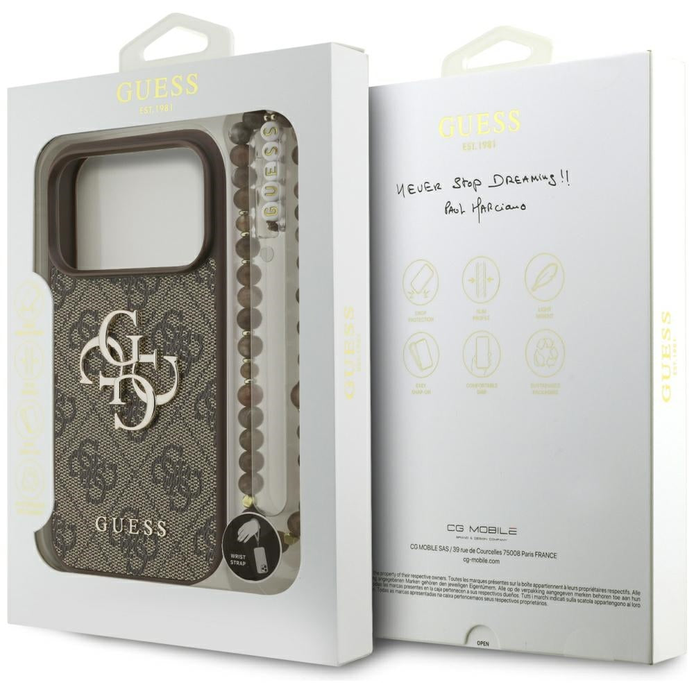 Futrola za Apple iPhone 17 Pro, Guess, 4G Classic Logo with Pearl Strap, Braon