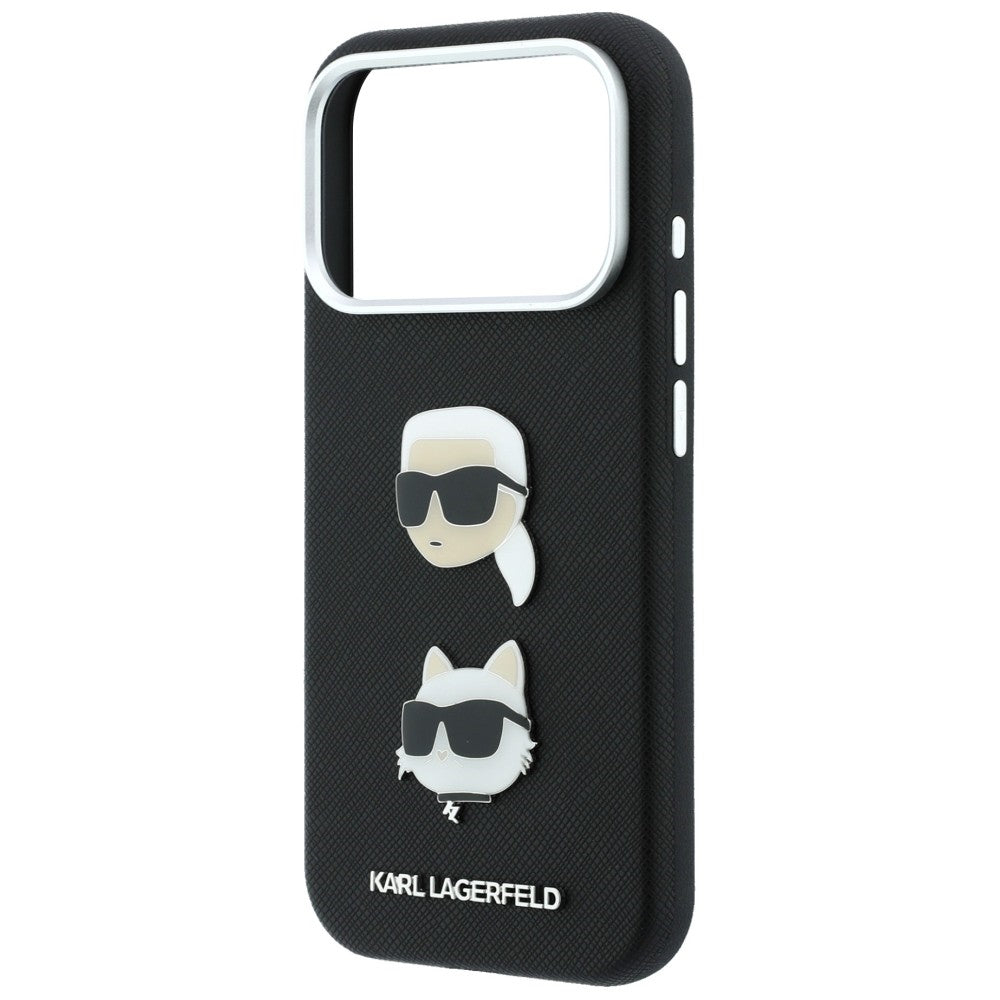 Maska za Apple iPhone 18 Pro / 17 Pro, Karl Lagerfeld, Saffiano Crossbody Karl & Choupette Head's Pins Logo, crna