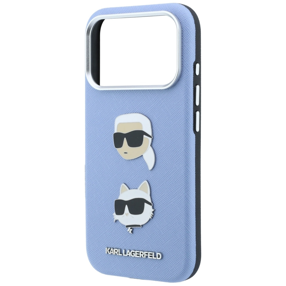 Futrola za Apple iPhone 18 Pro / 17 Pro, Karl Lagerfeld, Saffiano sa značkom Karl & Choupette Head's Pin i logotipom, plava