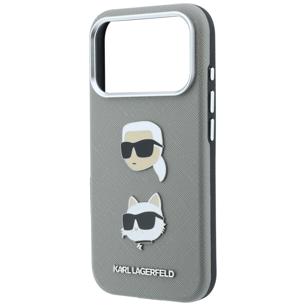 Maska za Apple iPhone 18 Pro / 17 Pro, Karl Lagerfeld, Saffiano sa iglom sa likom Karla i Choupette i logotipom, siva