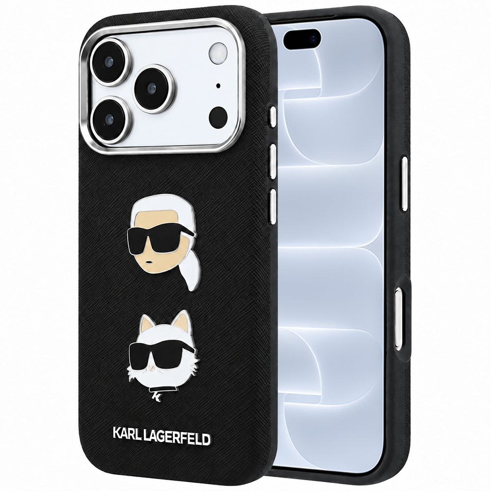 Maska za Apple iPhone 18 Pro / 17 Pro, Karl Lagerfeld, Saffiano sa iglom sa likovima Karla i Choupette i logotipom, crna