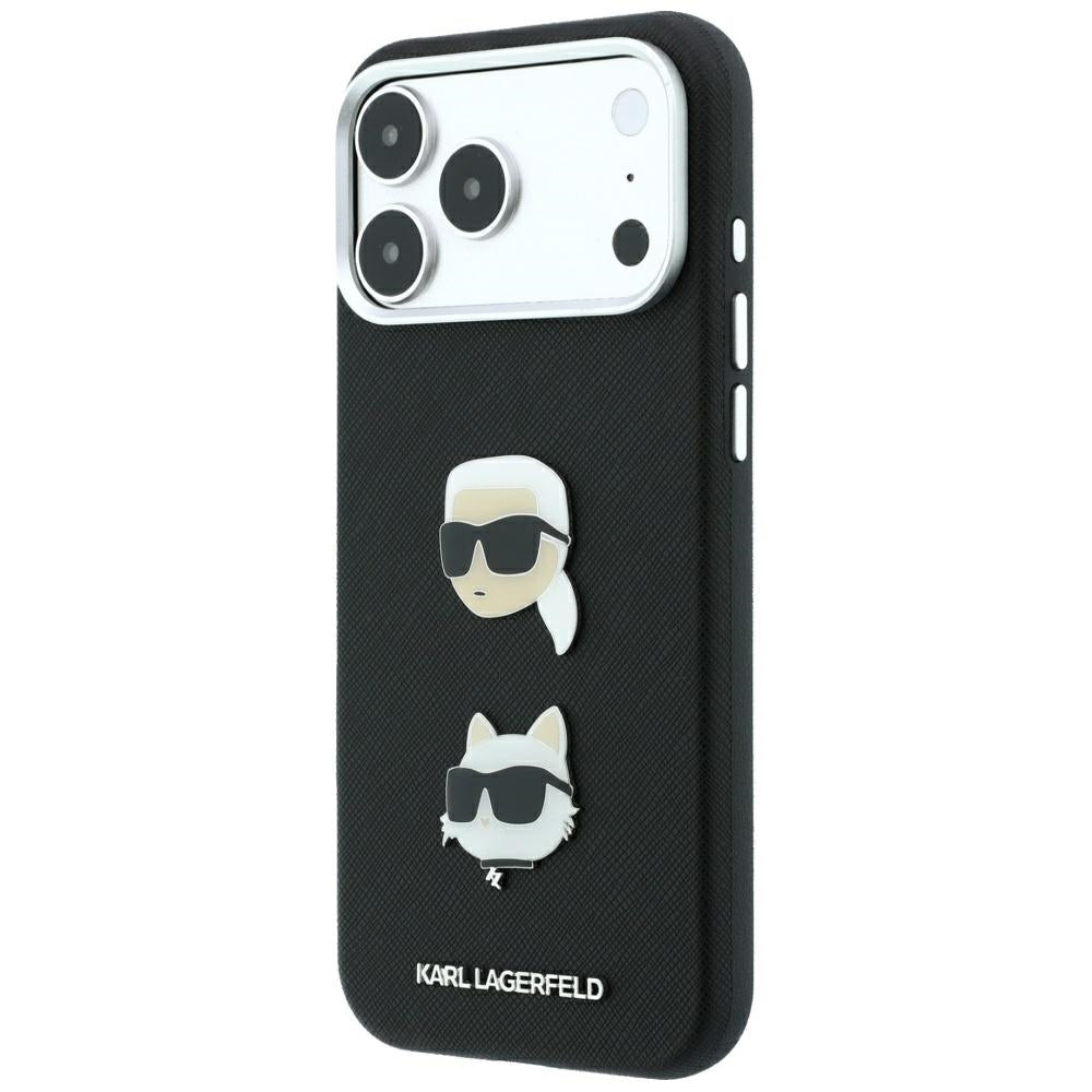 Maska za Apple iPhone 18 Pro / 17 Pro, Karl Lagerfeld, Saffiano sa iglom sa likovima Karla i Choupette i logotipom, crna