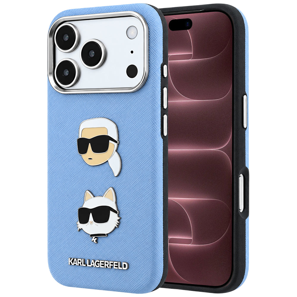 Futrola za Apple iPhone 18 Pro Max / 17 Pro Max, Karl Lagerfeld, Saffiano sa Karl & Choupette Head's Pin i Logo, Plava