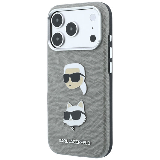 Maska za Apple iPhone 18 Pro Max / 17 Pro Max, Karl Lagerfeld, Saffiano sa iglom sa likovima Karla i Choupette i logotipom, siva