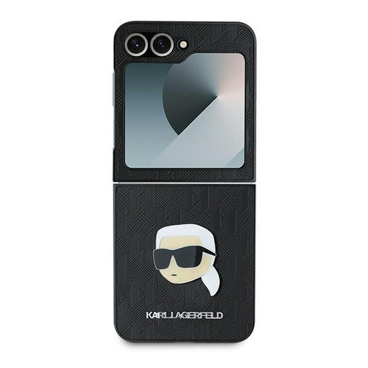 Futrola za Samsung Galaxy Z Flip7 FE F761 / Z Flip6 F741, Karl Lagerfeld, Saffiano Monogram Karl's Head Metal, Crna