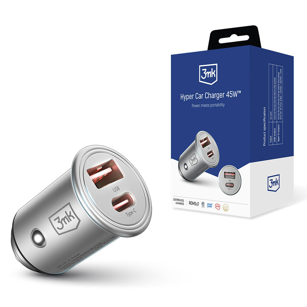 Auto punjač 3MK Hyper, 45W, 3A, 1 x USB-A - 1 x USB-C, Srebrni