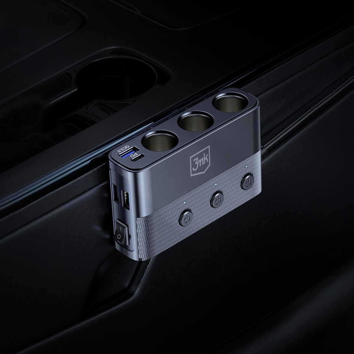Auto punjač 3MK Power Splitter, 120W, 3A, 3 x USB-A - 1 x USB-C - 3 x produžetak upaljača, Crna
