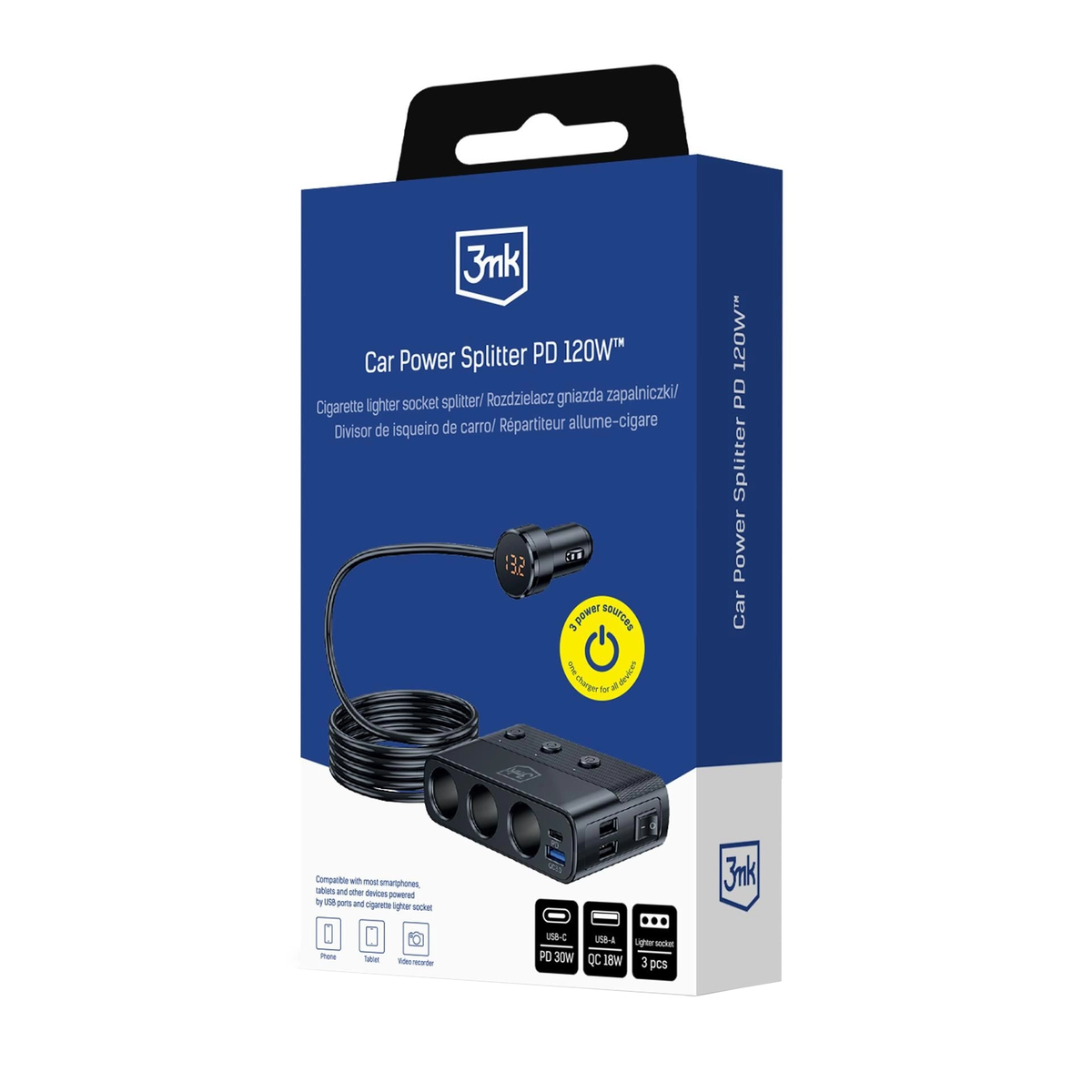 Auto punjač 3MK Power Splitter, 120W, 3A, 3 x USB-A - 1 x USB-C - 3 x produžetak upaljača, Crna