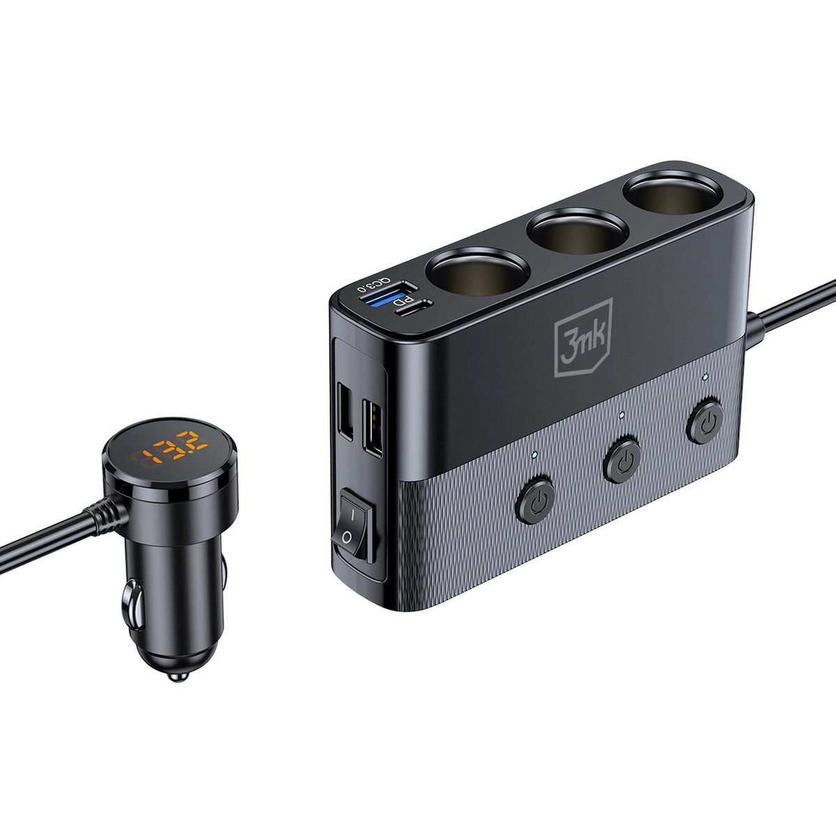 Auto punjač 3MK Power Splitter, 120W, 3A, 3 x USB-A - 1 x USB-C - 3 x produžetak upaljača, Crna