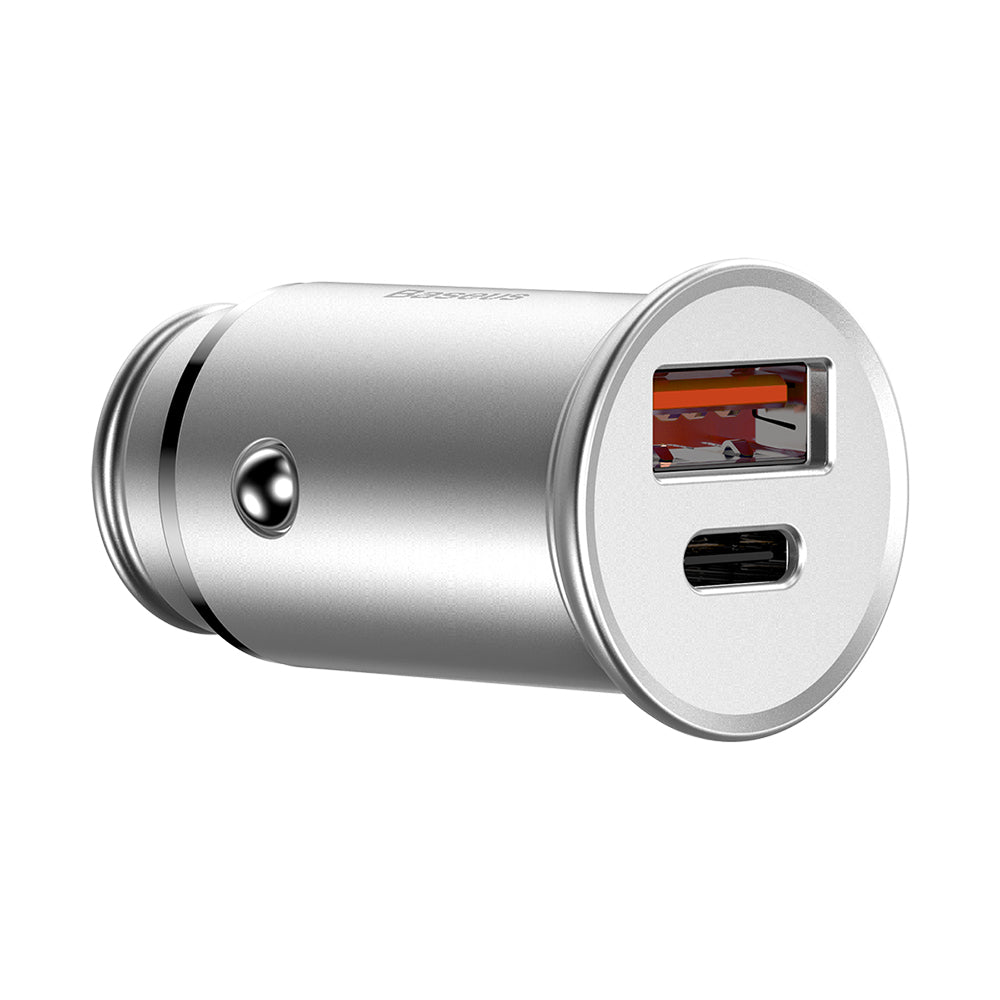 Auto punjač Baseus Circular Metal, 30W, 5A, 1 x USB-A - 1 x USB-C, Sivi