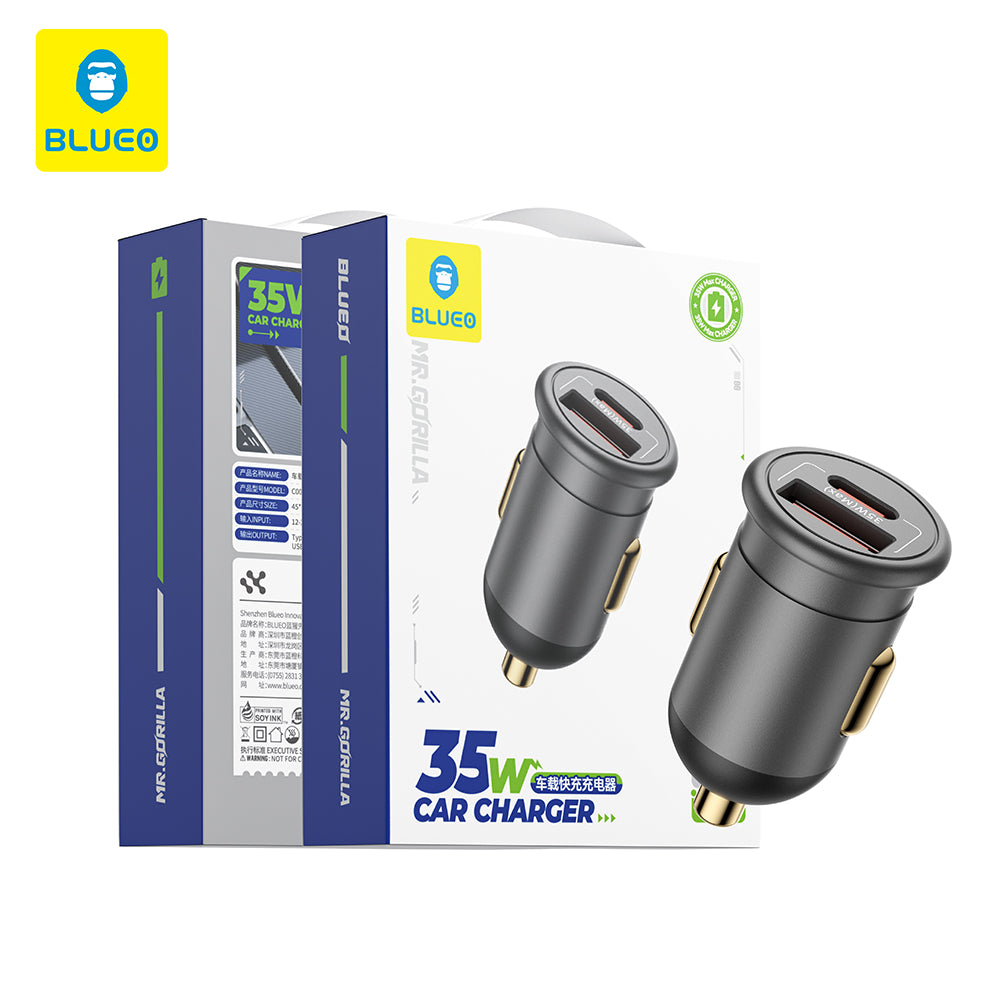 Auto punjač Blueo, 35W, 3A, 1 x USB-A - 1 x USB-C, Sivi