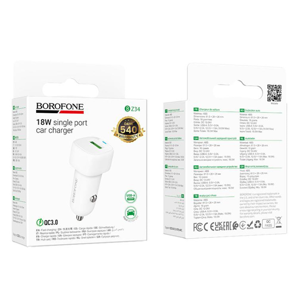 Auto punjač Borofone BZ34 Cloud, 18W, 3A, 1 x USB-A, Beli
