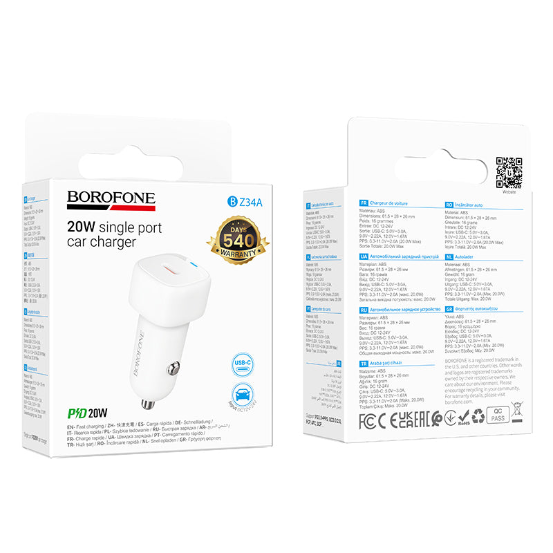 Auto punjač Borofone BZ34A Cloud, 20W, 3A, 1 x USB-C, Beli