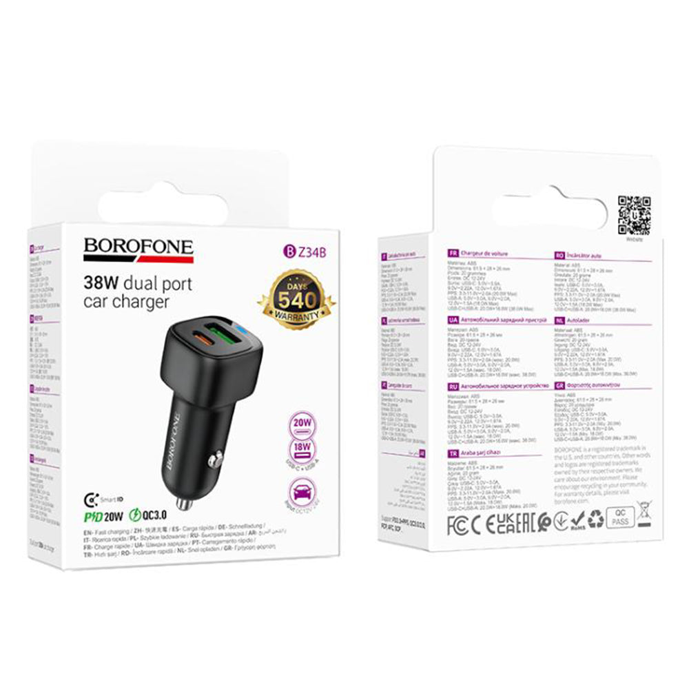 Auto punjač Borofone BZ34B Cloud, 38W, 3A, 1 x USB-A - 1 x USB-C, Crni
