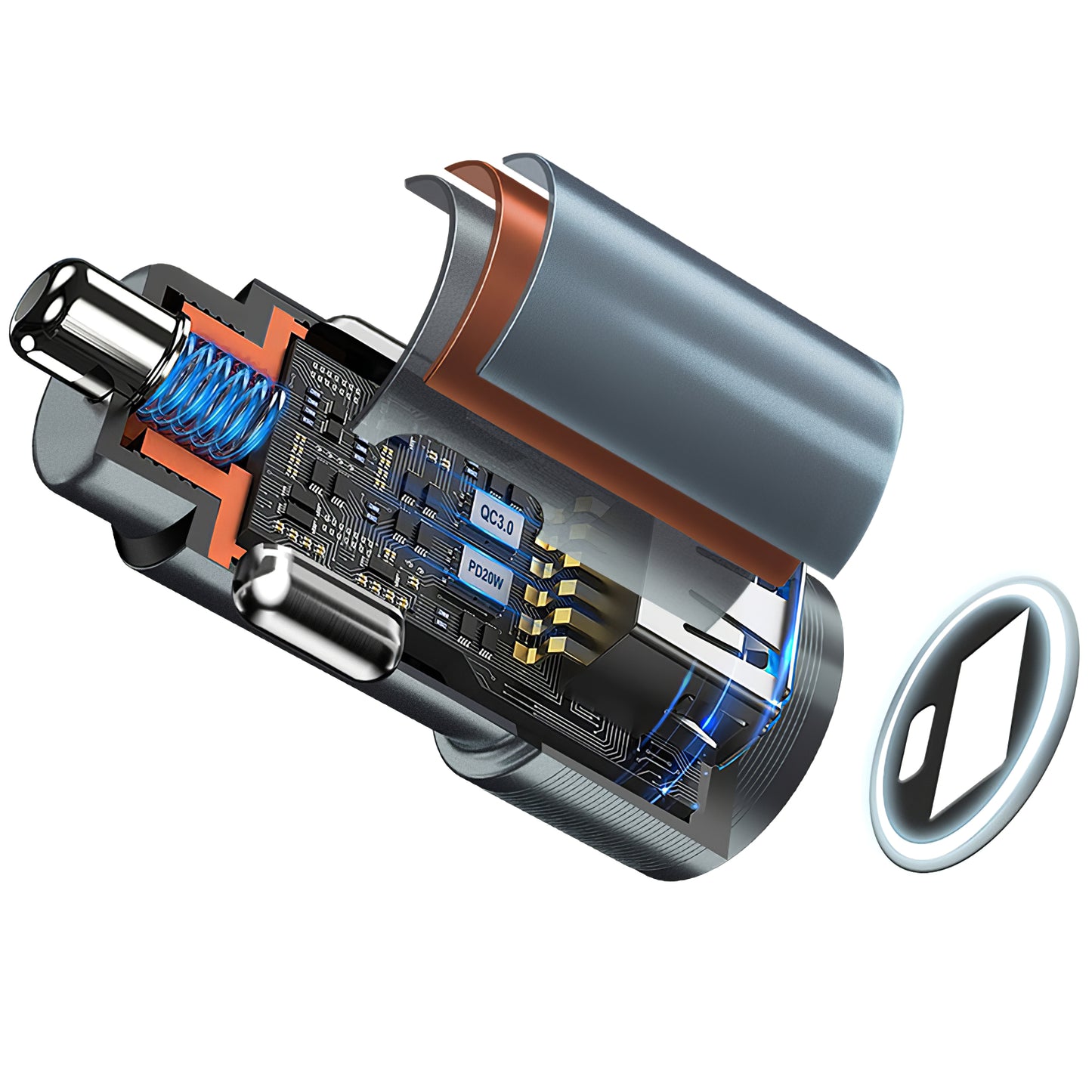 Auto punjač BWOO BO-CC73, 38W, 3A, 1 x USB-A - 1 x USB-C, Srebrni